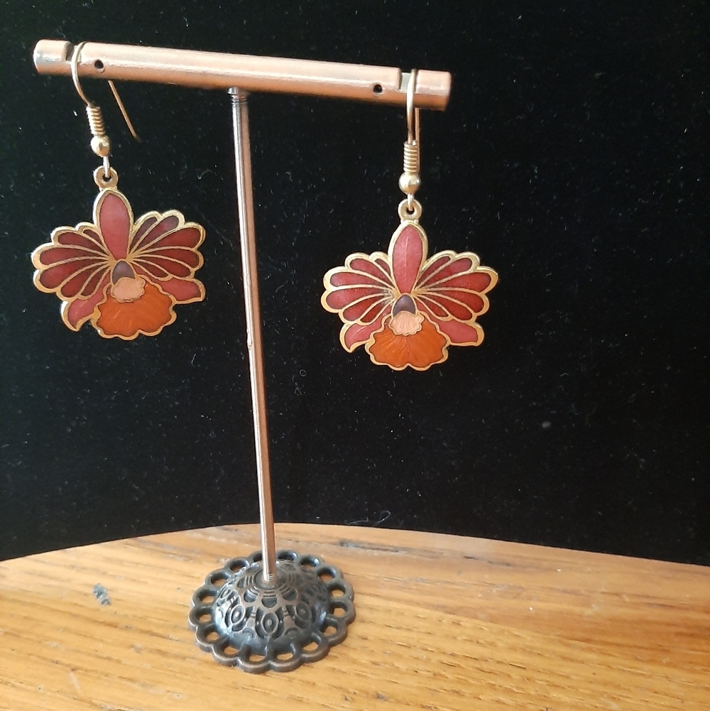 Cloisonne Gold and Red Lotus Earrings
